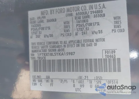 2000 Ford F-150 Lariat/Work Series/Xl/Xlt z USA, uszkodzony, nr VIN 1FTRX18L5YKA15987